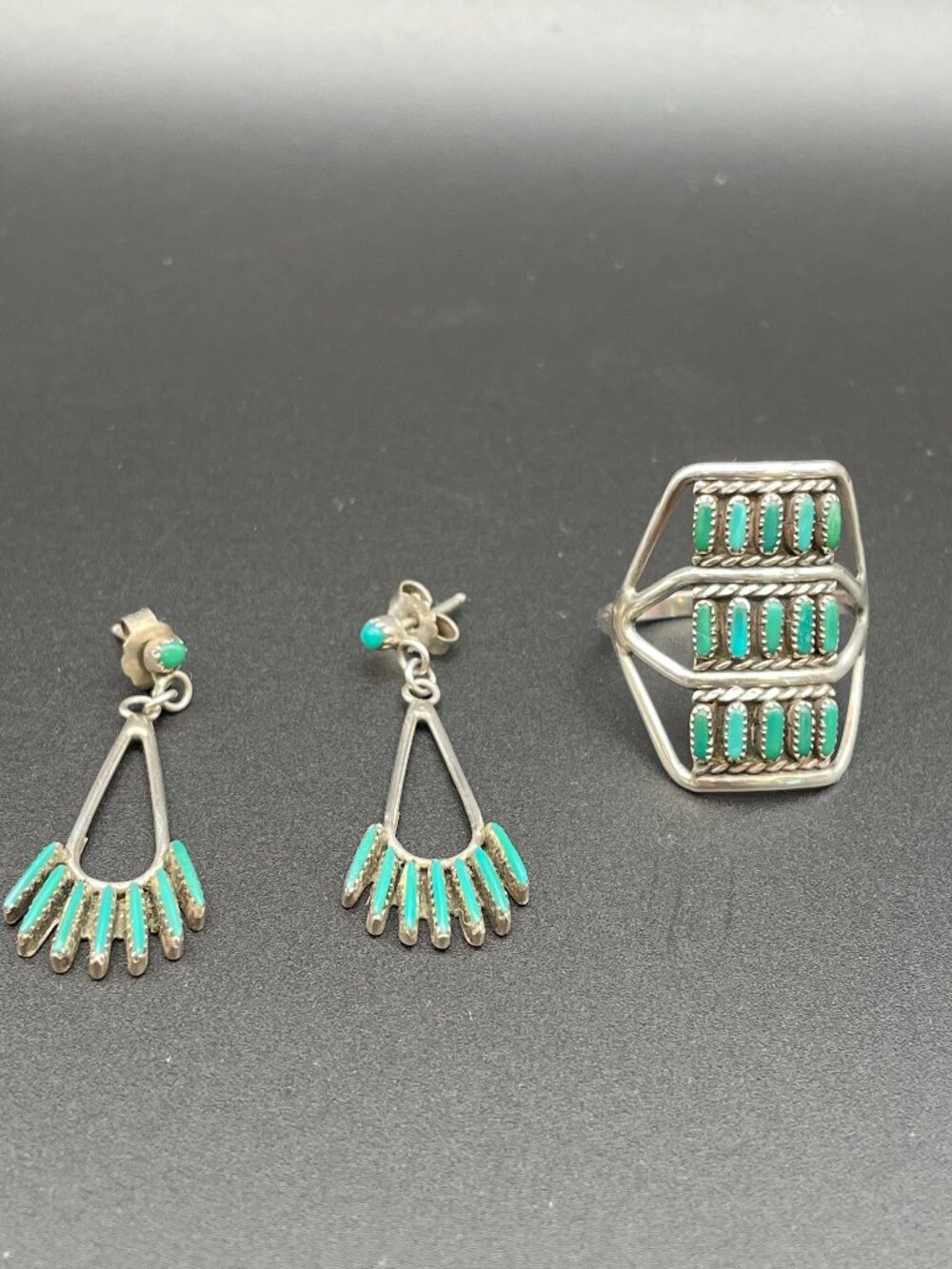 Vintage Navajo Needlepoint Green Turquoise Earring and Ring Set